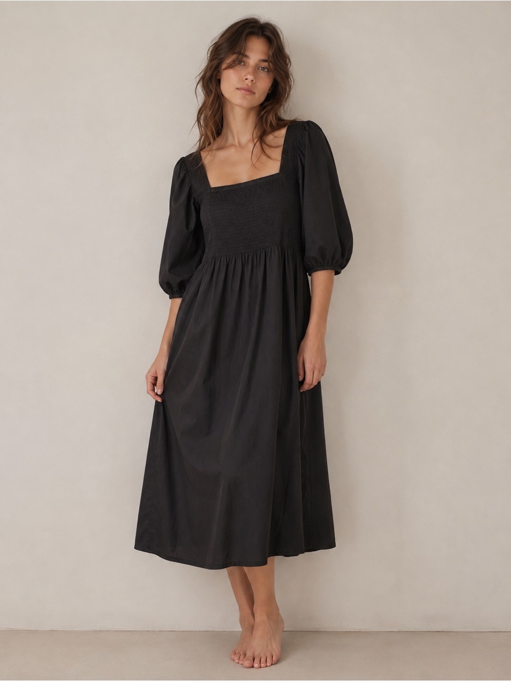 Olivia James The Label Puff Sleeve Smocked Midi Dress Black Women's Medium